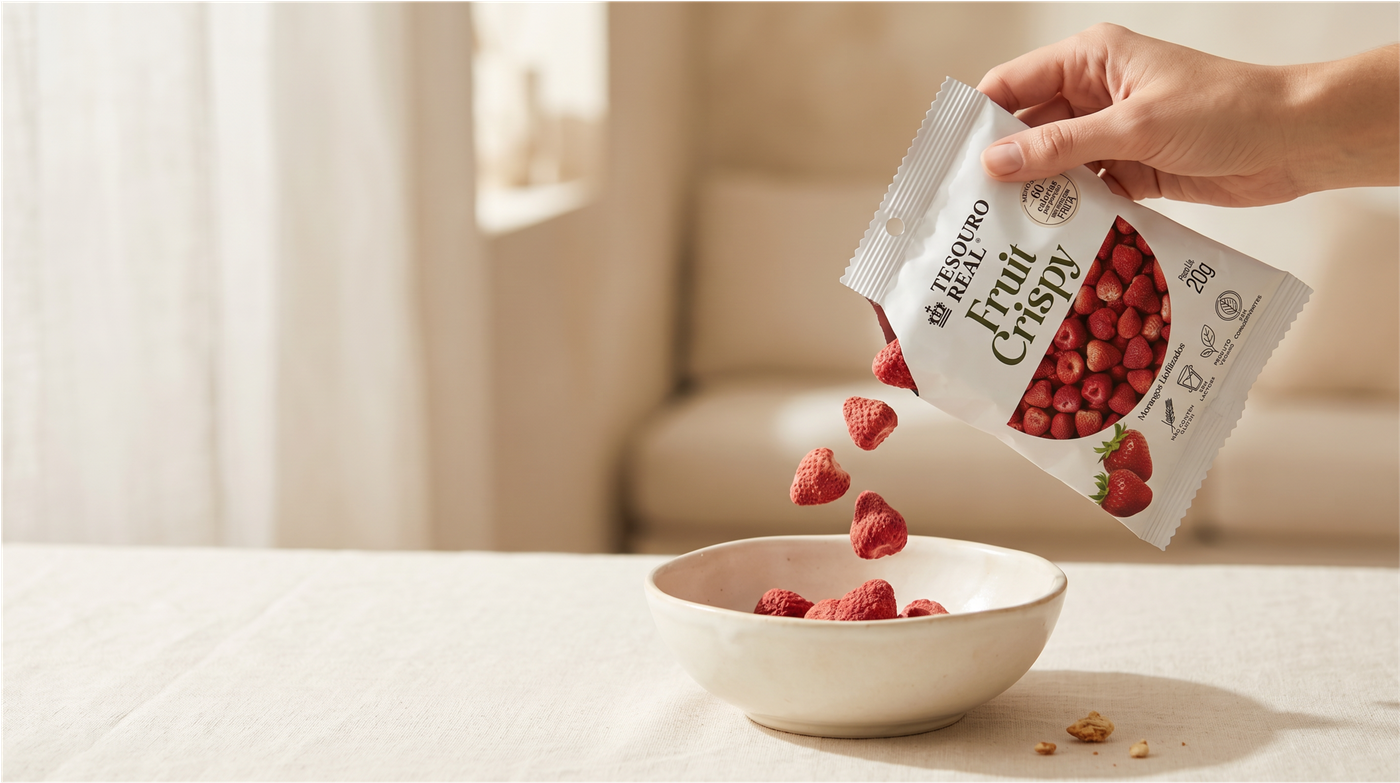 Mão derramando Fruit Crispy de morango