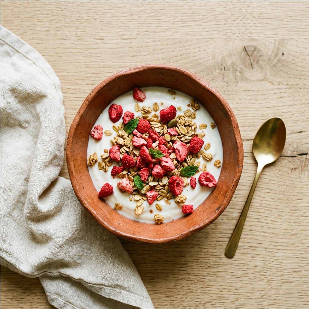 Bowl com Fruit Crispy de morango sobre iogurte